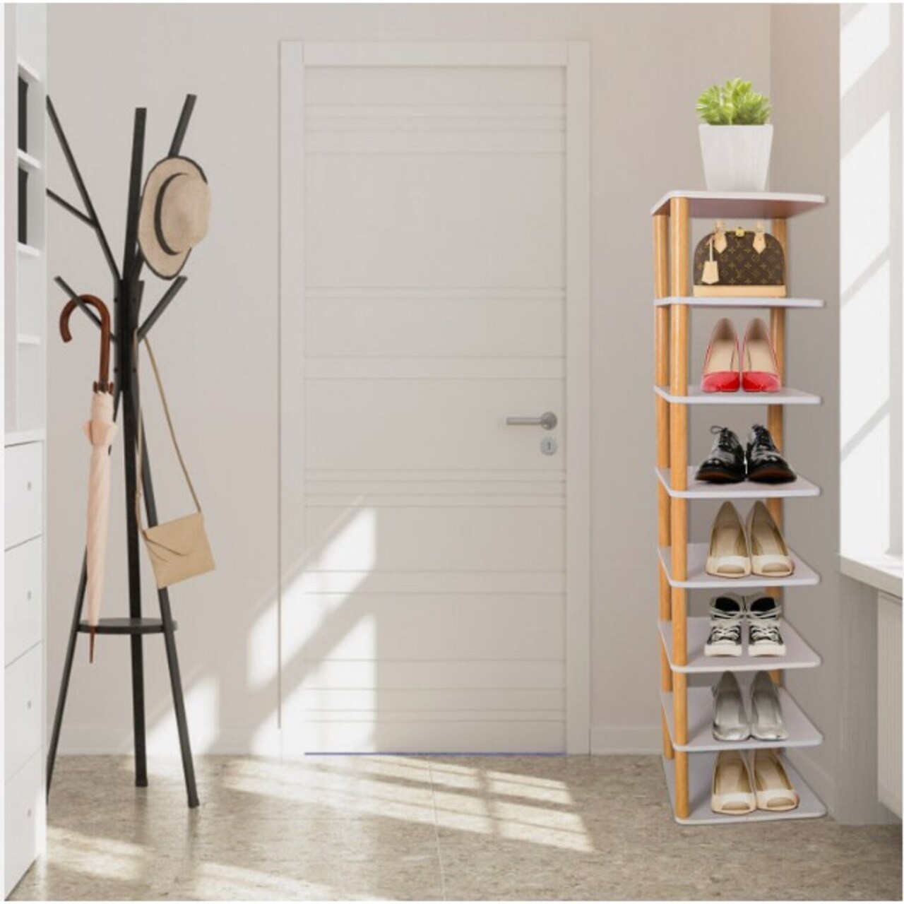 Corner Shoe Storage Organizer with 8 Tiers Vertical Narrow Shoe Rack for Small Space